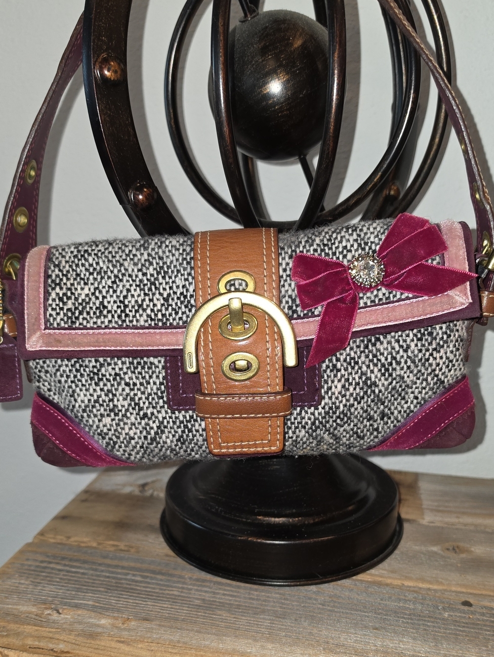 Coach Vintage SoHo Demi Flap Tweed And Suede Shoulder Bag with Velvet Bow